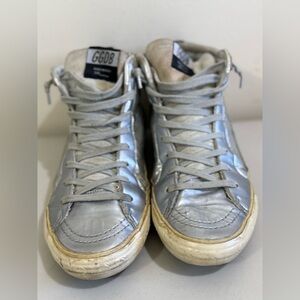 Golden Goose Silver High-Top Sneakers with Cream Soles